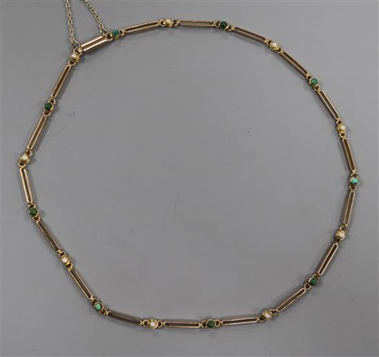 An early 20th century 9ct gold, turquoise? and split pearl set necklet, 38cm.